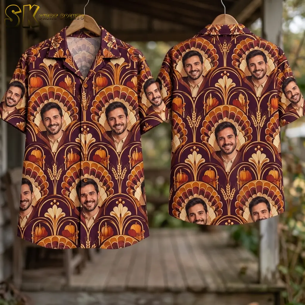 Front and back of burgundy harvest-print shirts hang from wooden hangers on a porch, displaying repeated portraits, pumpkins, and wheat.