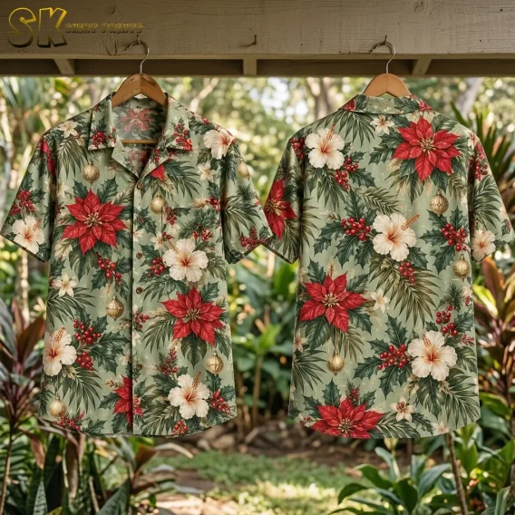 Front and back examples of a Christmas Hawaiian shirt hang from wooden hangers against a leafy garden background.