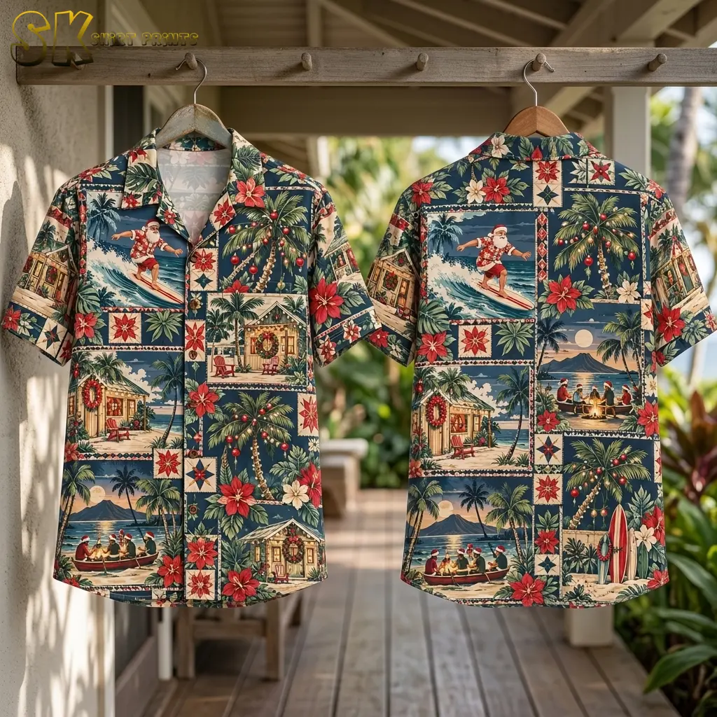Two Hawaiian shirts for Christmas hang from a wooden peg rail, displaying the front and back of the tropical Santa print.