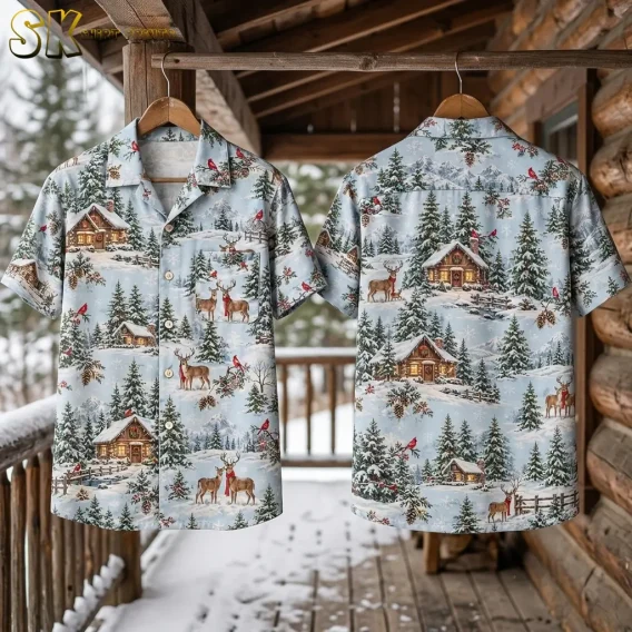 Front and back displays of a light blue Christmas Hawaiian shirt hang from wooden hangers on a snowy cabin porch.