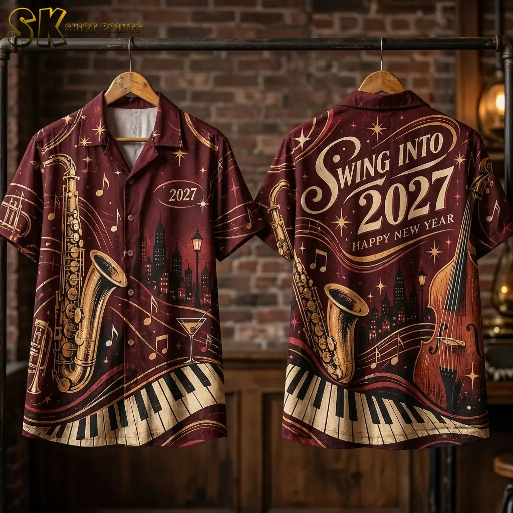 Two burgundy jazz shirts hang against a brick wall, showing the button-up front and “Swing Into 2027 Happy New Year” back lettering.