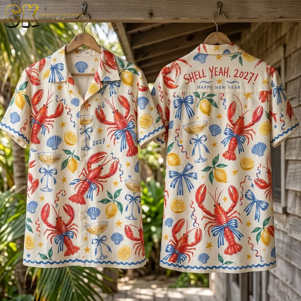 Front and back of the lobster-print shirt hang from wooden hangers on a porch, with New Year lettering across the back.