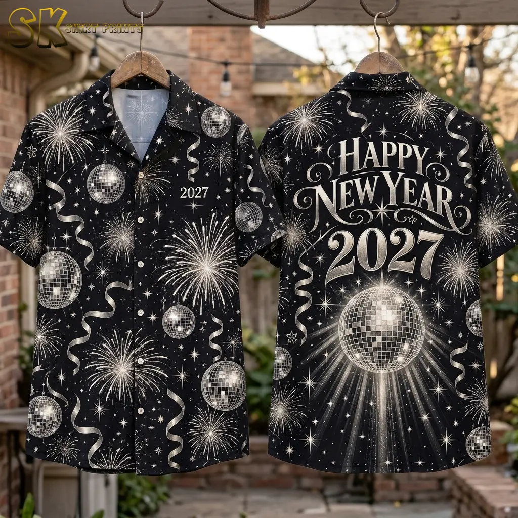 Two black New Year shirts hang outdoors on wooden hangers, showing the patterned front and Happy New Year 2027 back.