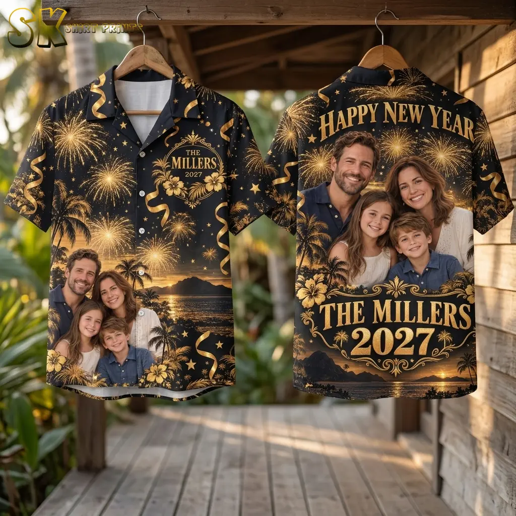 Two black and gold shirts hang on wooden hangers on a porch, showing the front portrait and large “Happy New Year” back design.
