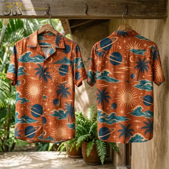 Front and back of the orange tropical celestial shirt hang from wooden hangers beneath a rustic beam, with green plants behind them.