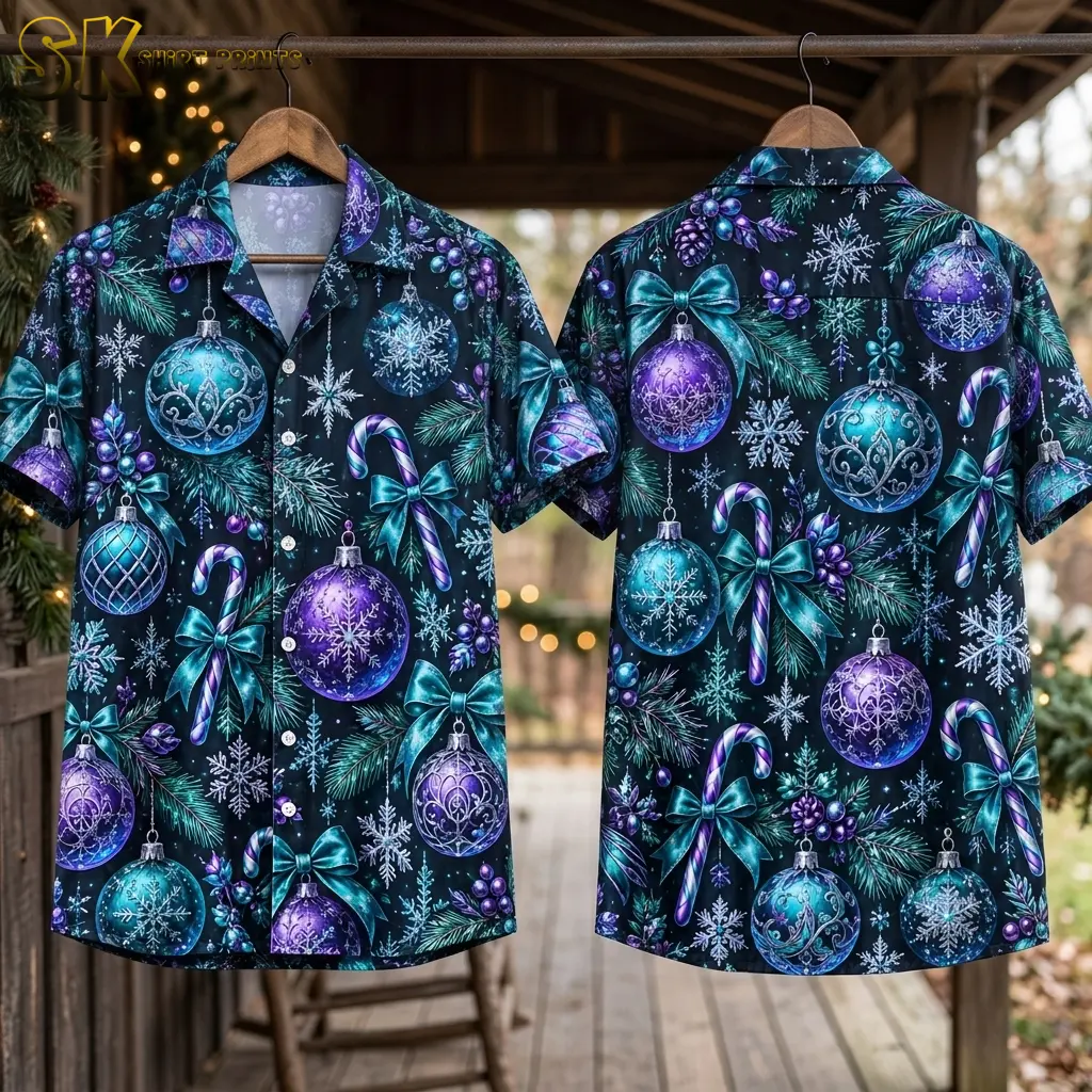 Front and back of an ornament-print Christmas shirt hang from wooden hangers on a porch decorated with greenery and lights.