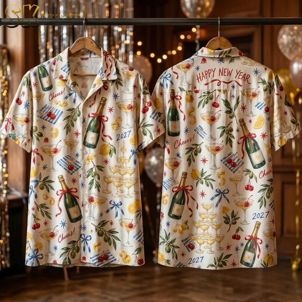 Front and back of the champagne-print shirt hang from wooden hangers against a party backdrop with balloons and string lights.