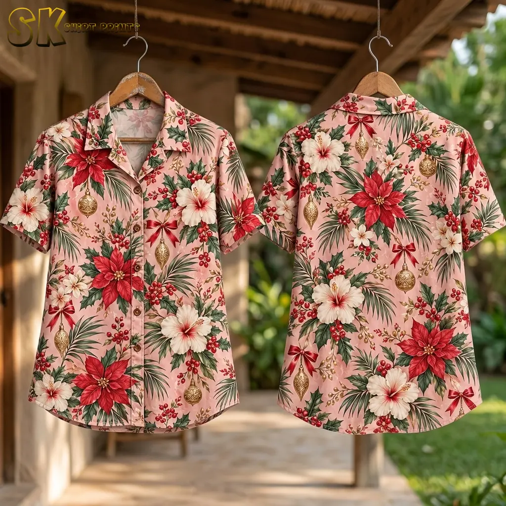 Pink holiday shirts hang side by side on wooden hangers, showing the buttoned front and floral back beneath a porch roof.