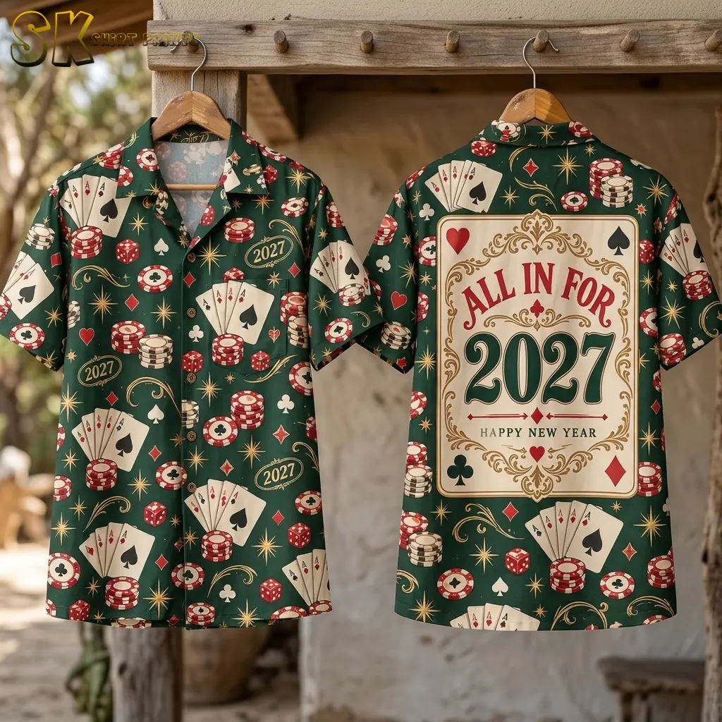 Two green poker-print shirts hang from a wooden rack, displaying the button-up front and large “All In for 2027” back panel.