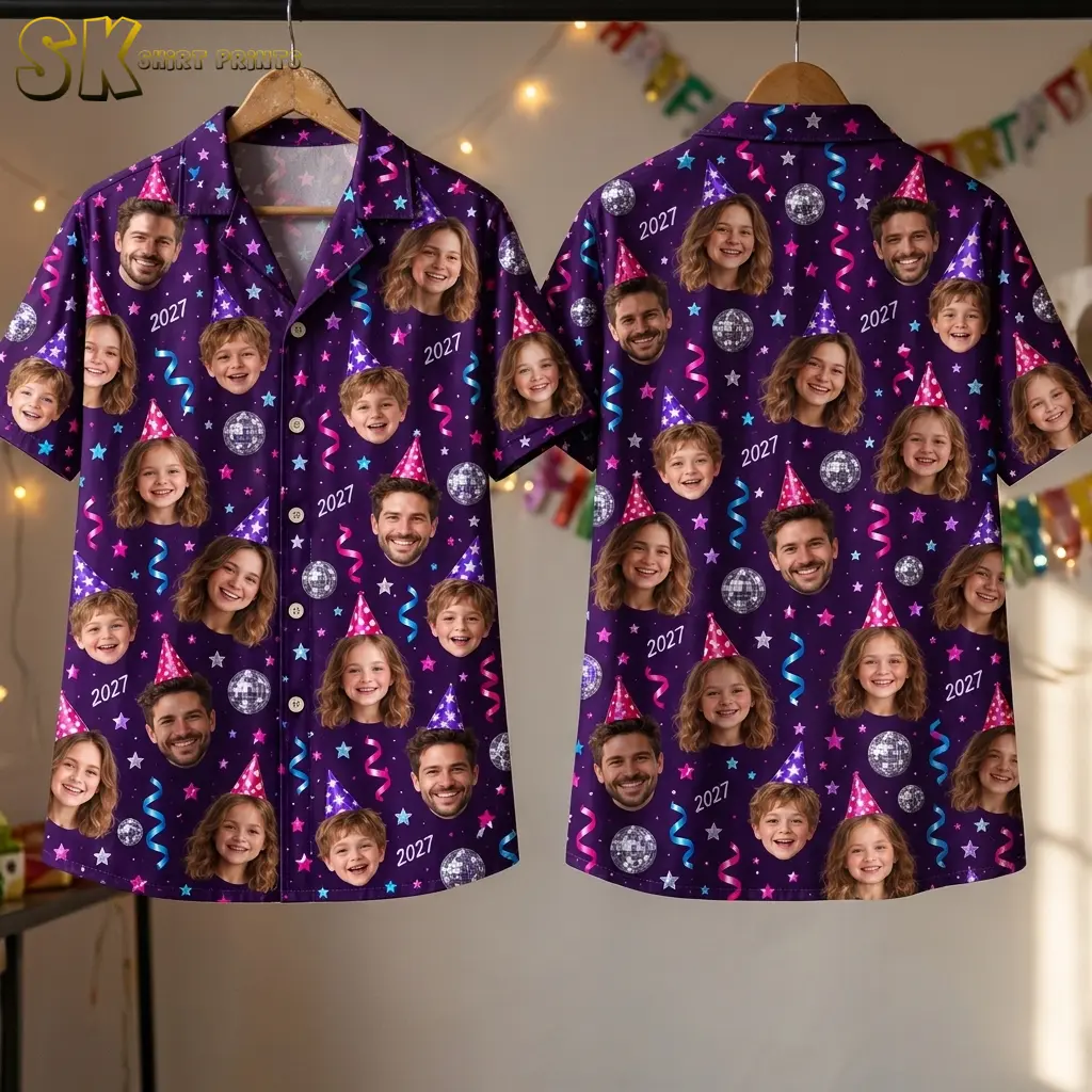 Two purple shirts hang from wooden hangers, displaying the front and back of the face print with stars and disco balls.