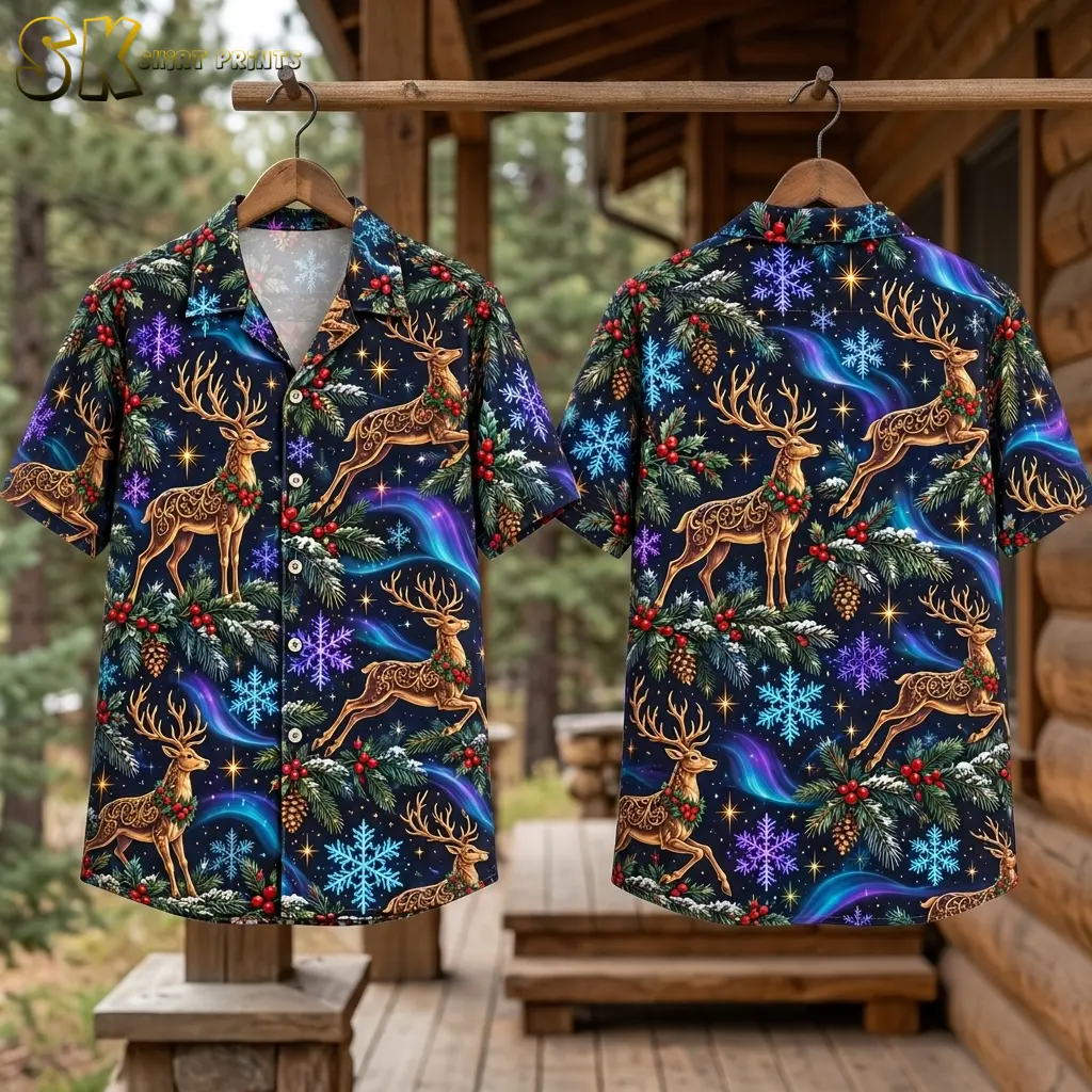 Front and back of the reindeer-print holiday shirt hang side by side on wooden hangers outside a wood-sided building.