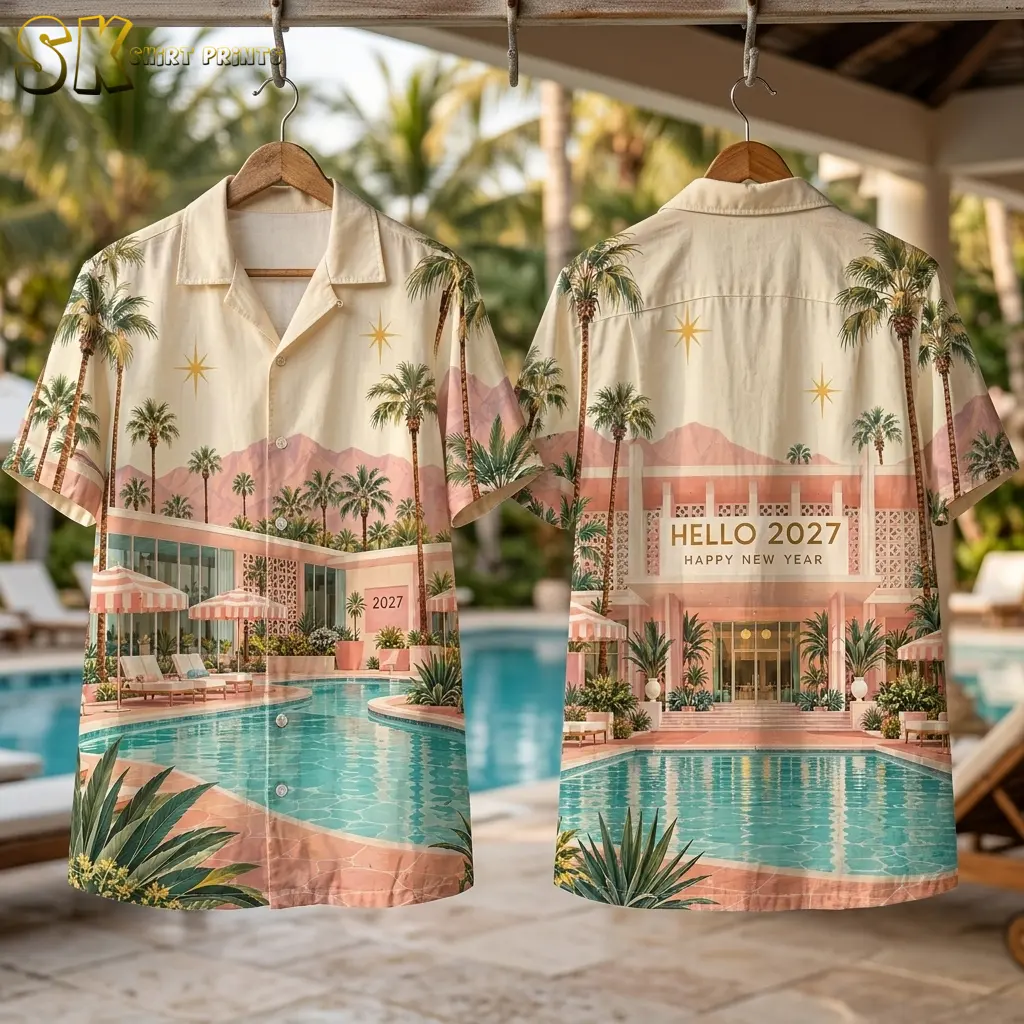 Two cream resort-print shirts hang from wooden hangers beside a pool, displaying the front artwork and the New Year 2027 greeting on the back.