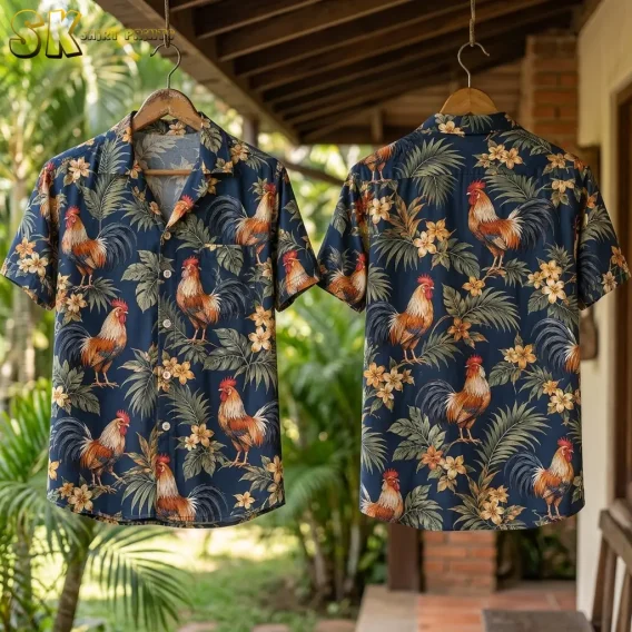 Front and back of a navy rooster Hawaiian shirt hang from wooden hangers under a porch roof with greenery behind them.