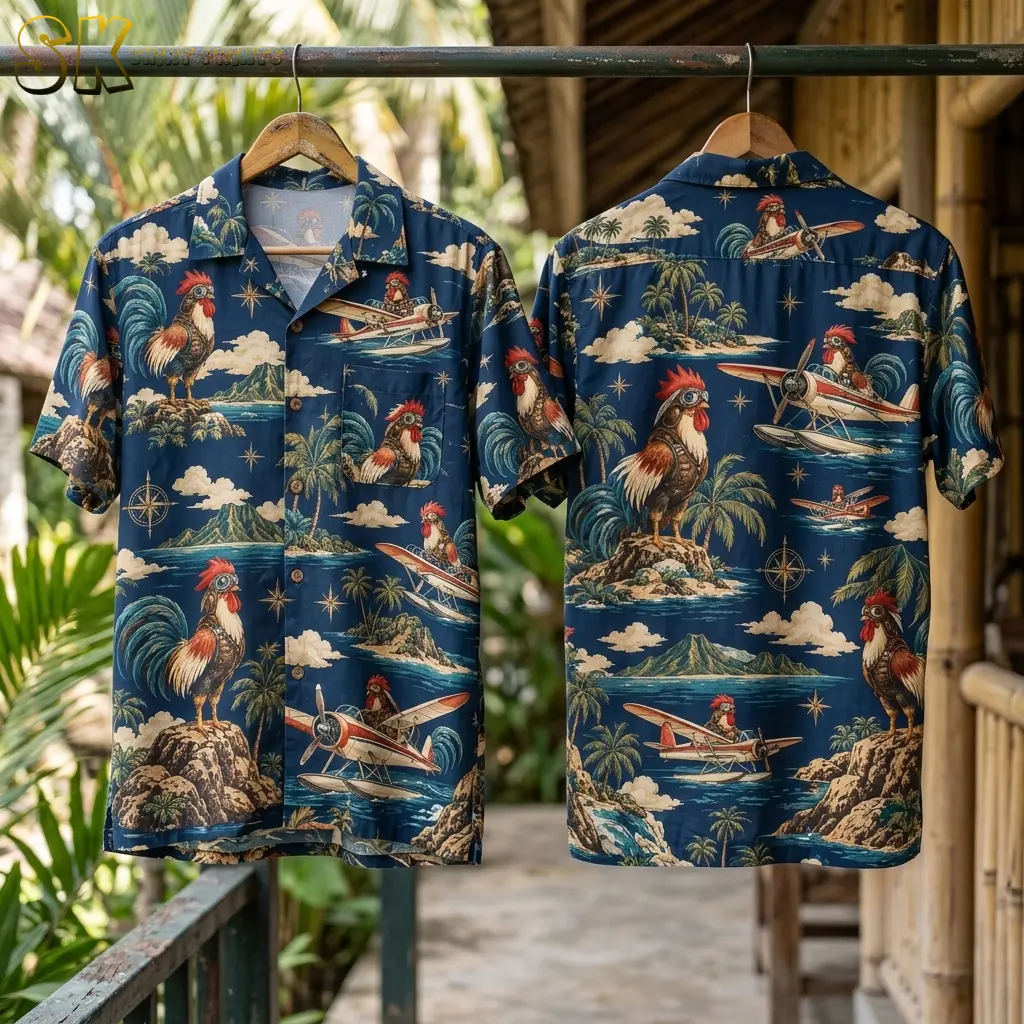 Front and back displays of a navy rooster Hawaiian shirt hang from wooden hangers beside a bamboo wall and tropical foliage.