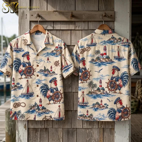 Front and back versions of the cream rooster Hawaiian shirt hang against wooden shingles, displaying roosters, lighthouses, and sailboats.