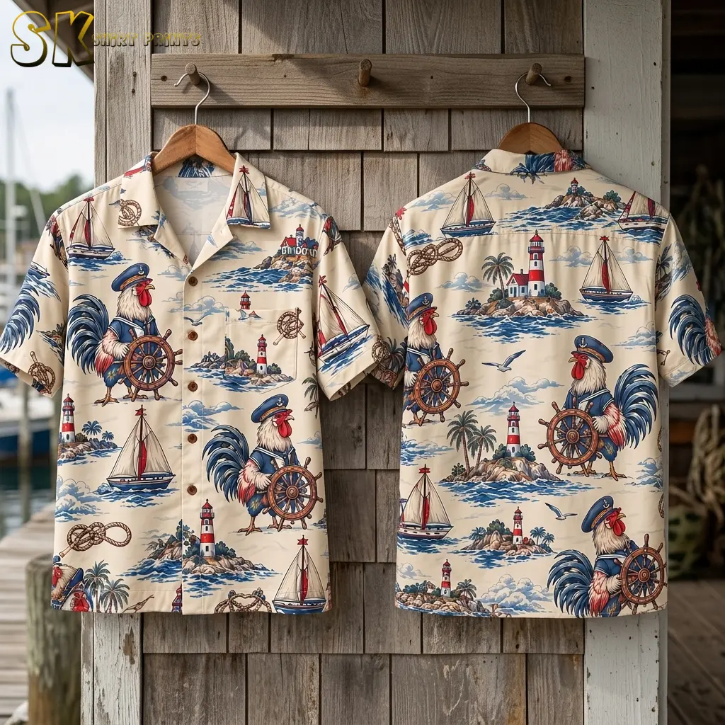 Front and back versions of the cream rooster Hawaiian shirt hang against wooden shingles, displaying roosters, lighthouses, and sailboats.