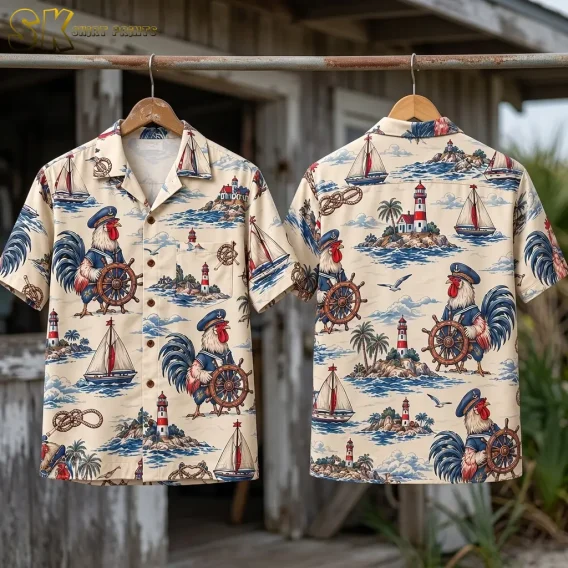 Front and back examples of a cream rooster Hawaiian shirt hang from wooden hangers on a metal bar outside a weathered wooden building.