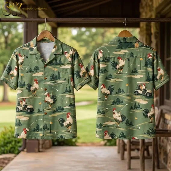 Green rooster Hawaiian shirts hang front-facing and back-facing from a porch rail, displaying the all-over golf-themed pattern.