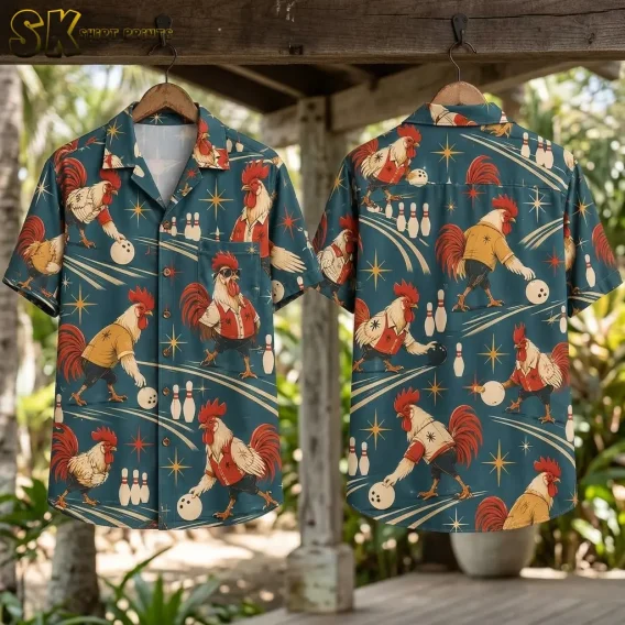 Front and back displays of a teal rooster Hawaiian shirt hang from a wooden beam with leafy greenery behind them.