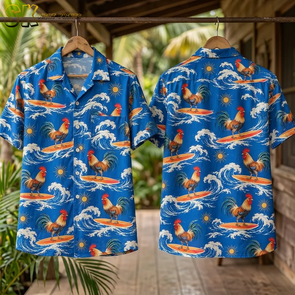 Two blue rooster Hawaiian shirts hang from wooden hangers, showing the front and back against a leafy porch setting.