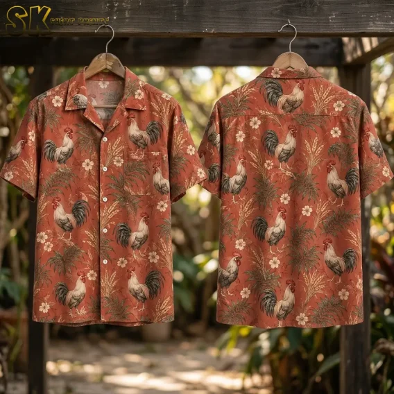Front and back of a terracotta rooster-print shirt hang from wooden hangers beneath a dark wooden beam.