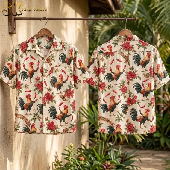 Front and back of a cream rooster Hawaiian shirt hang from wooden hangers on a metal rail beside garden foliage.