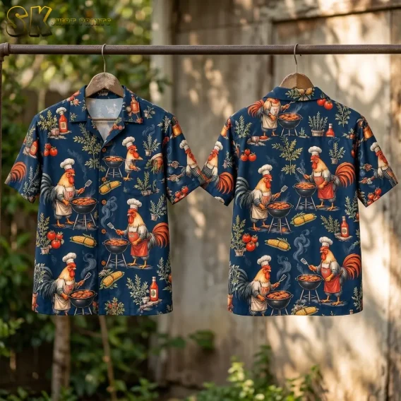 Front and back of navy rooster-print shirts hang from wooden hangers on an outdoor metal rail.