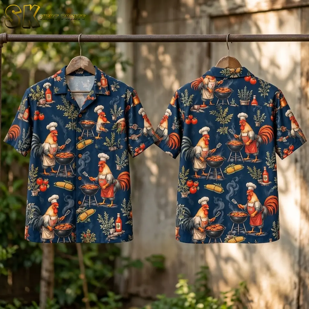 Front and back of navy rooster-print shirts hang from wooden hangers on an outdoor metal rail.