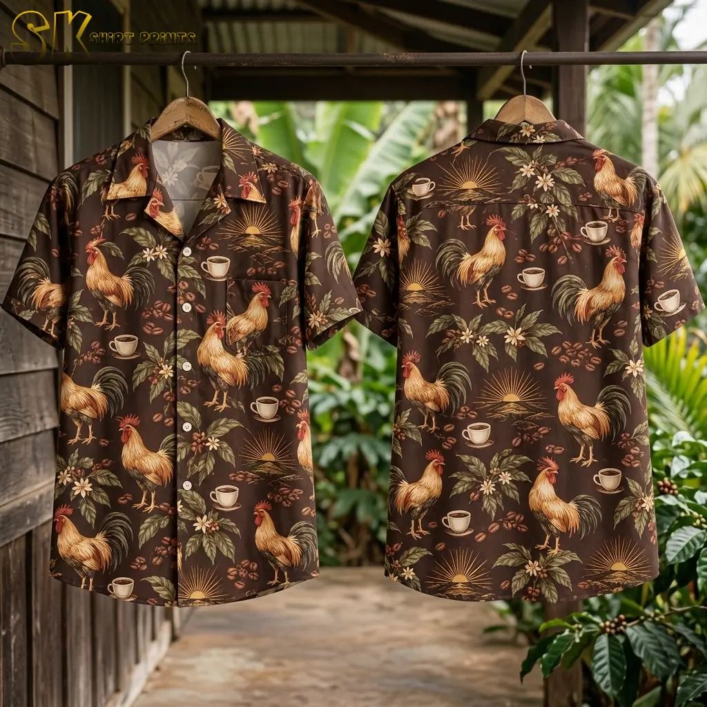 Front and back of the brown rooster Hawaiian shirt hang from wooden hangers on a porch, with foliage behind them.
