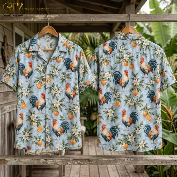 Front and back of a light blue rooster Hawaiian shirt hang from a wooden rail with greenery behind them.