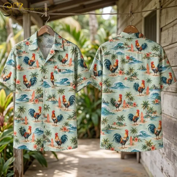 Front and back displays of a rooster Hawaiian shirt hang from wooden hangers on a porch beside a wooden wall and leafy plants.