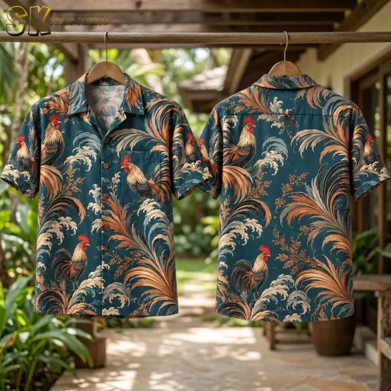 Front and back of a teal rooster Hawaiian shirt hang from wooden hangers on a porch with greenery behind them.