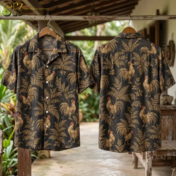 Front and back of a dark rooster-print shirt hang from wooden hangers on a metal rail along a covered porch.