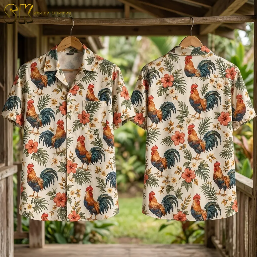 Front and back of the rooster-print shirt hang from wooden hangers on a porch with greenery behind them.