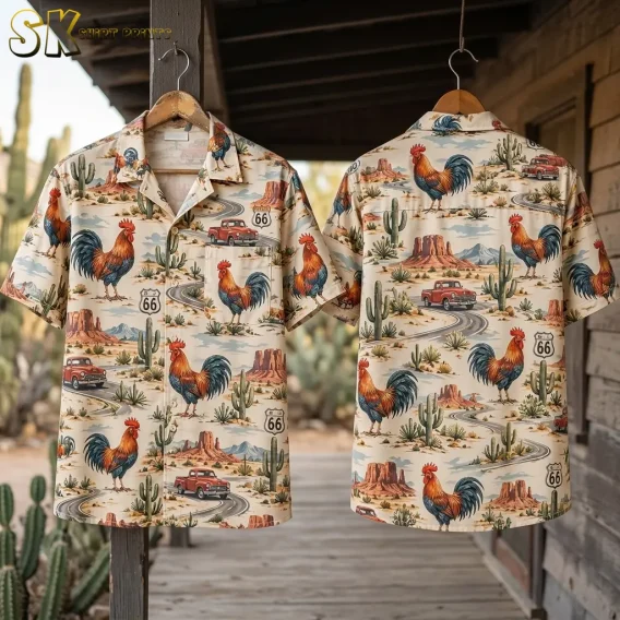 Front and back of a rooster Hawaiian shirt hang from wooden hangers on a porch, displaying roosters, cacti, and winding desert roads.