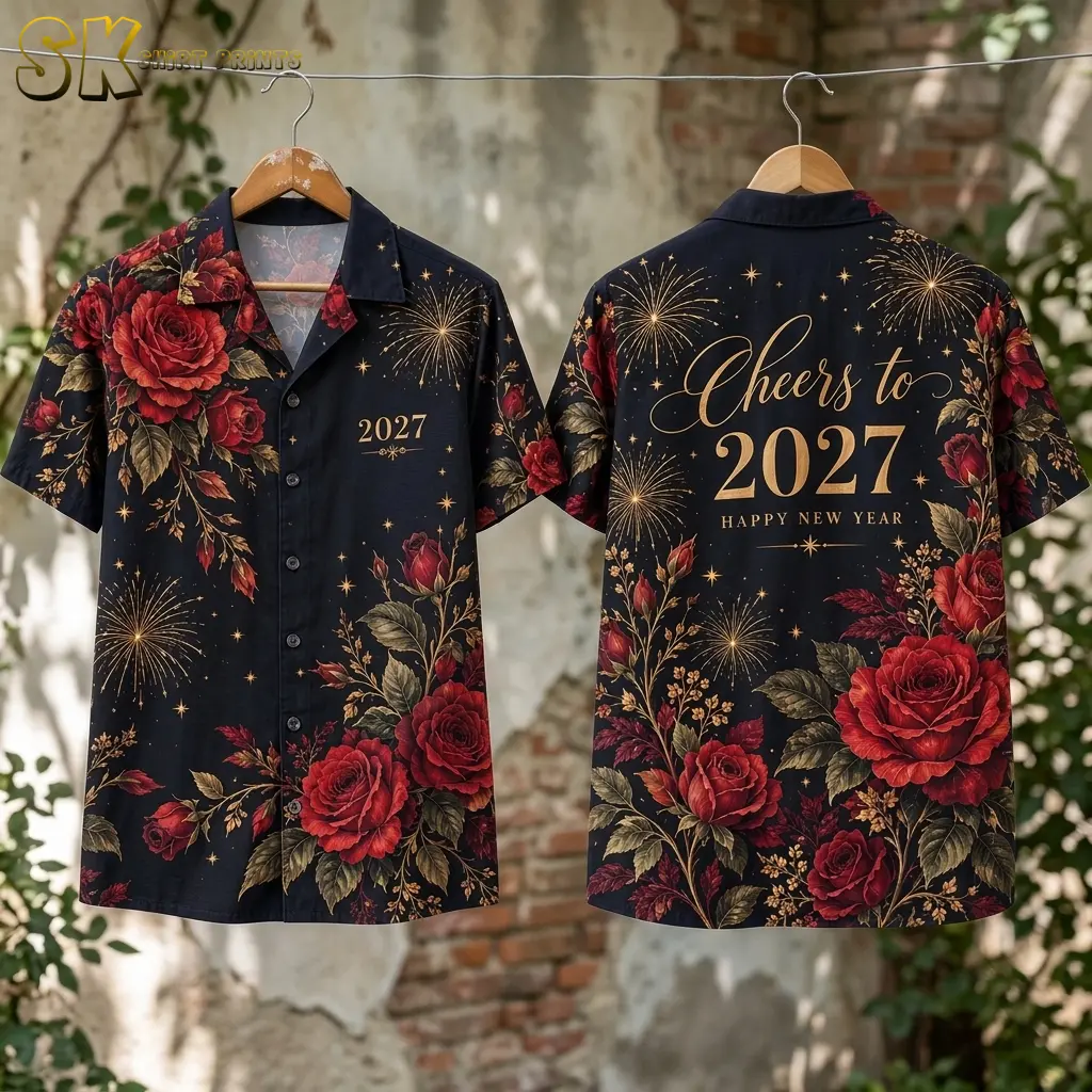 Front and back of the black rose-print shirt hang from wooden hangers against a weathered brick and plaster wall.