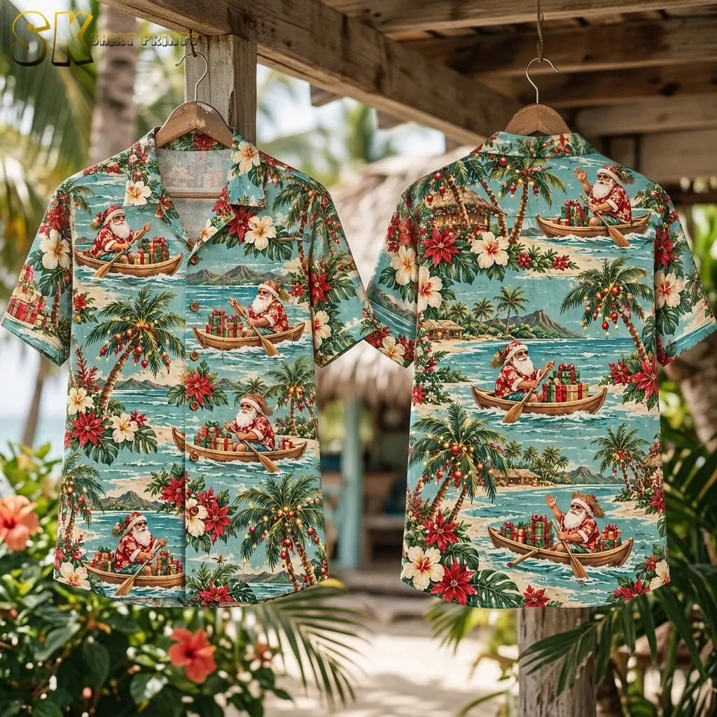 Front and back of a turquoise Santa aloha shirt hang from wooden hangers beneath a wooden roof amid tropical greenery.