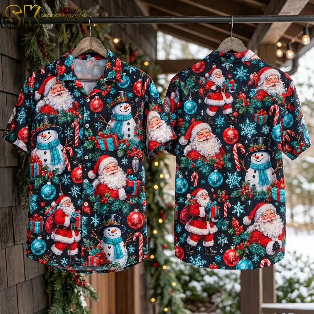 A Hawaiian shirt with Santa Claus and snowman prints is displayed front and back on wooden hangers beneath a covered porch.