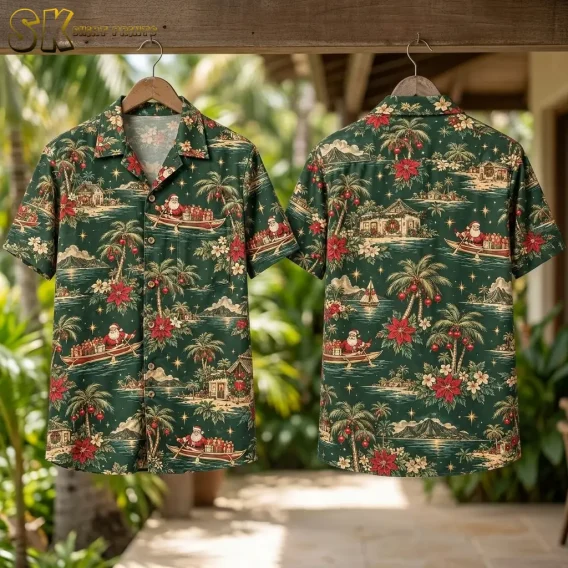 Front and back of a green Santa Hawaiian shirt hang from a wooden beam against a leafy outdoor background.
