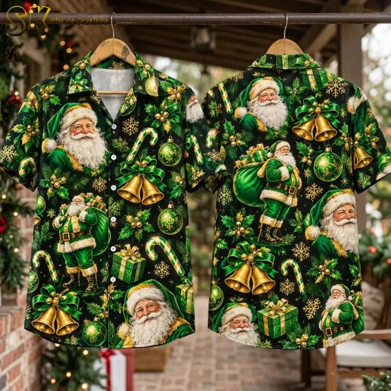 Two Christmas themed Hawaiian shirts hang side by side, showing the front and back with green Santas and gold bells.