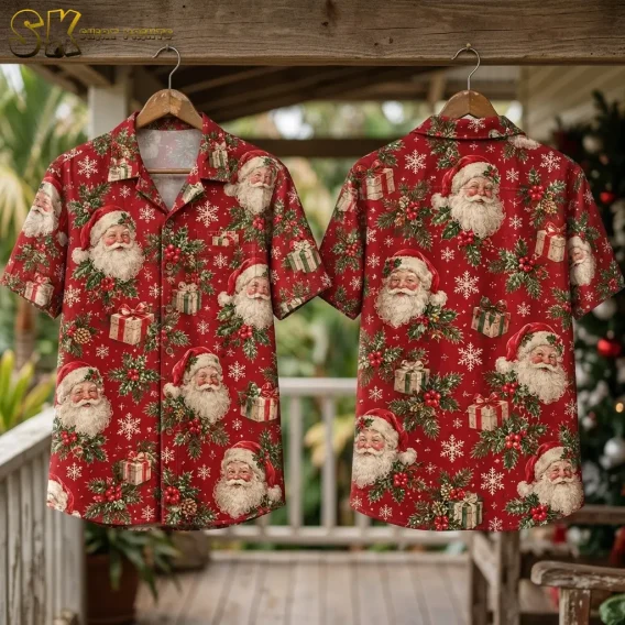 Front and back of a red Hawaiian shirt with Santa Claus hang from wooden hangers on a porch.