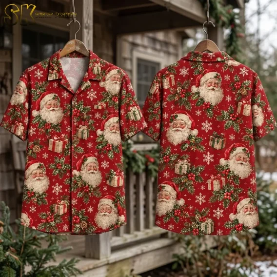 Front and back displays of a red Hawaiian shirt with Santa Claus hang from wooden hangers in front of a rustic porch.