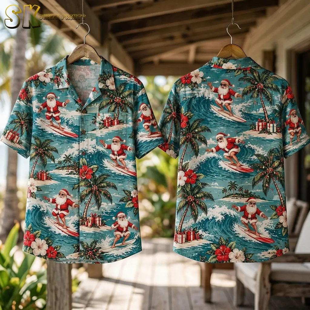 Front and back examples of a Hawaiian shirt with Santa Claus surfing hang from wooden hangers on a covered porch.
