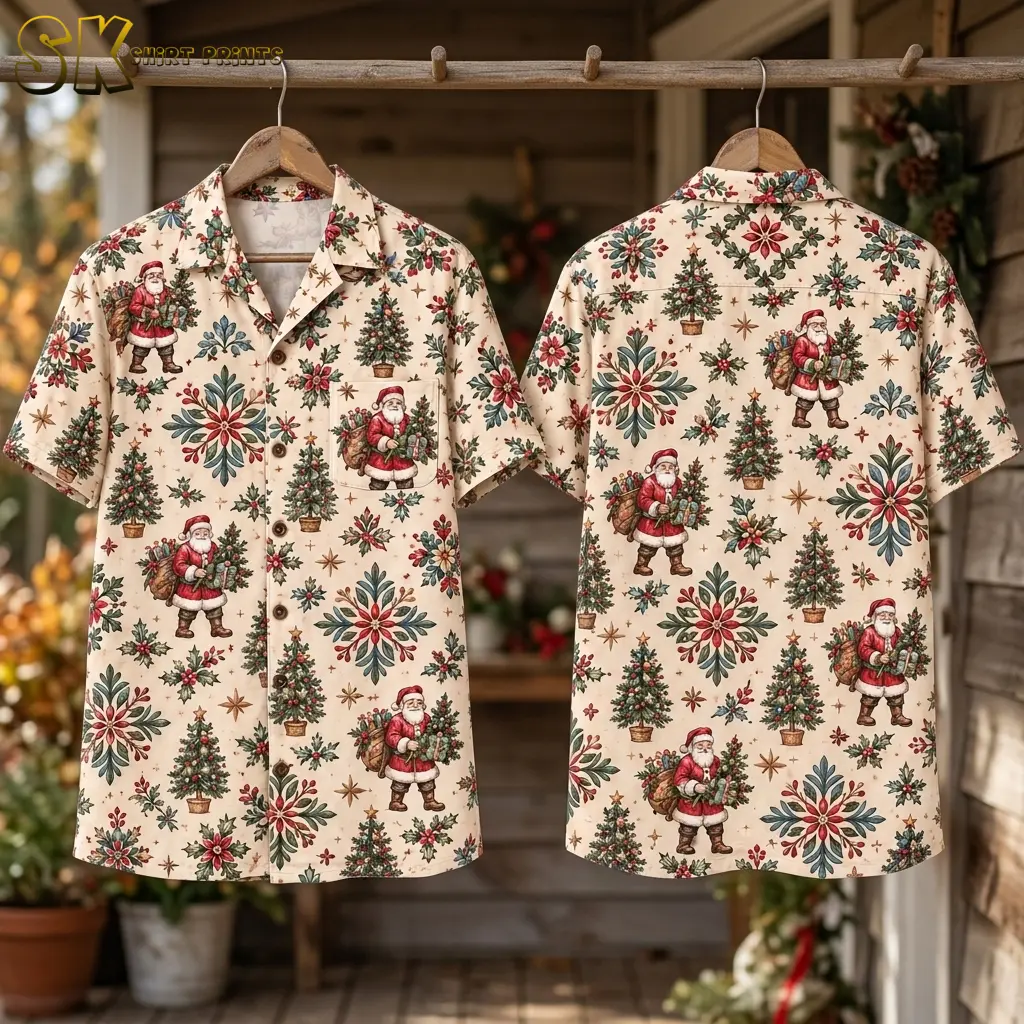 Front and back of cream Santa-print shirts hang from wooden hangers on a porch, displaying the holiday pattern across both sides.