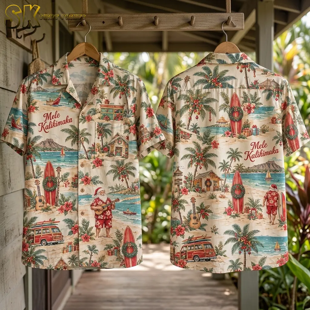 Two Santa Hawaiian shirts hang from wooden hangers on a porch, displaying the front and back with decorated palms and red surfboards.