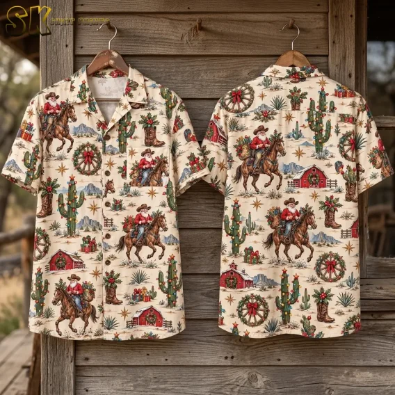Front and back of a cream Santa Hawaiian shirt hang side by side against a wood plank wall, displaying horseback Santa and holiday cacti.