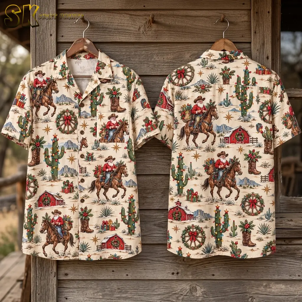 Front and back of a cream Santa Hawaiian shirt hang side by side against a wood plank wall, displaying horseback Santa and holiday cacti.