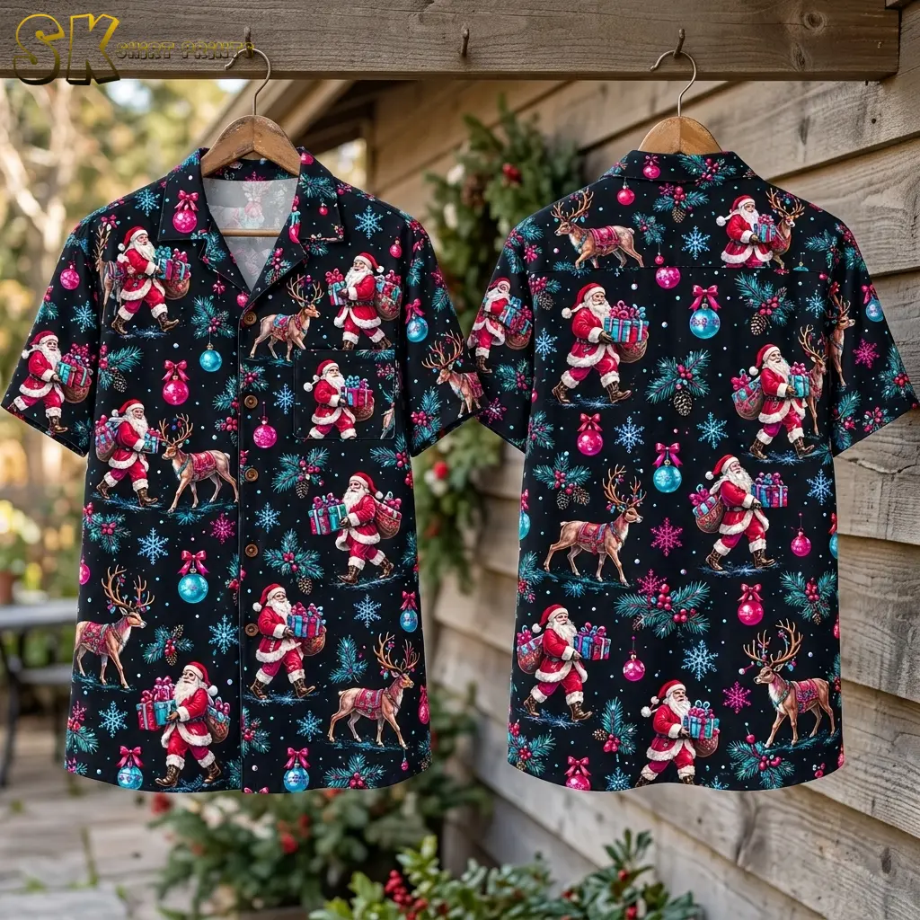 Front and back of a black Hawaiian shirt with Santa Claus hang on wooden hangers beside a weathered wood wall.