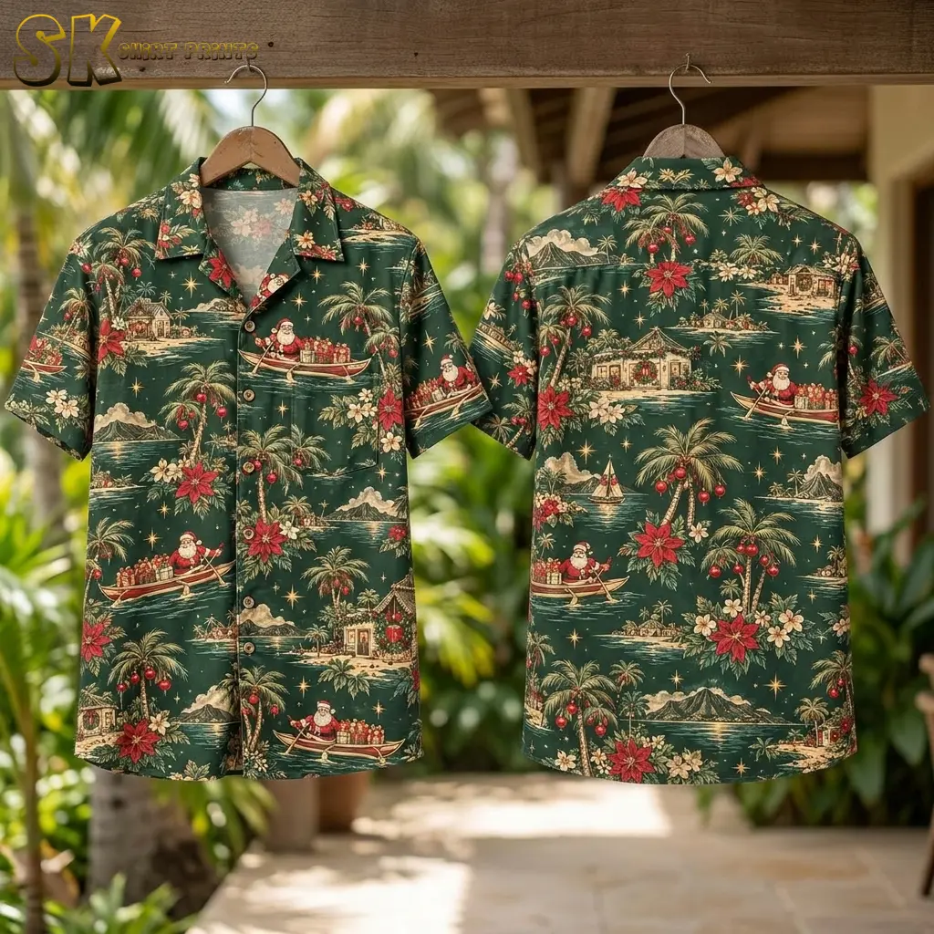 Front and back of a green Santa Hawaiian shirt hang from a wooden beam against a leafy outdoor background.