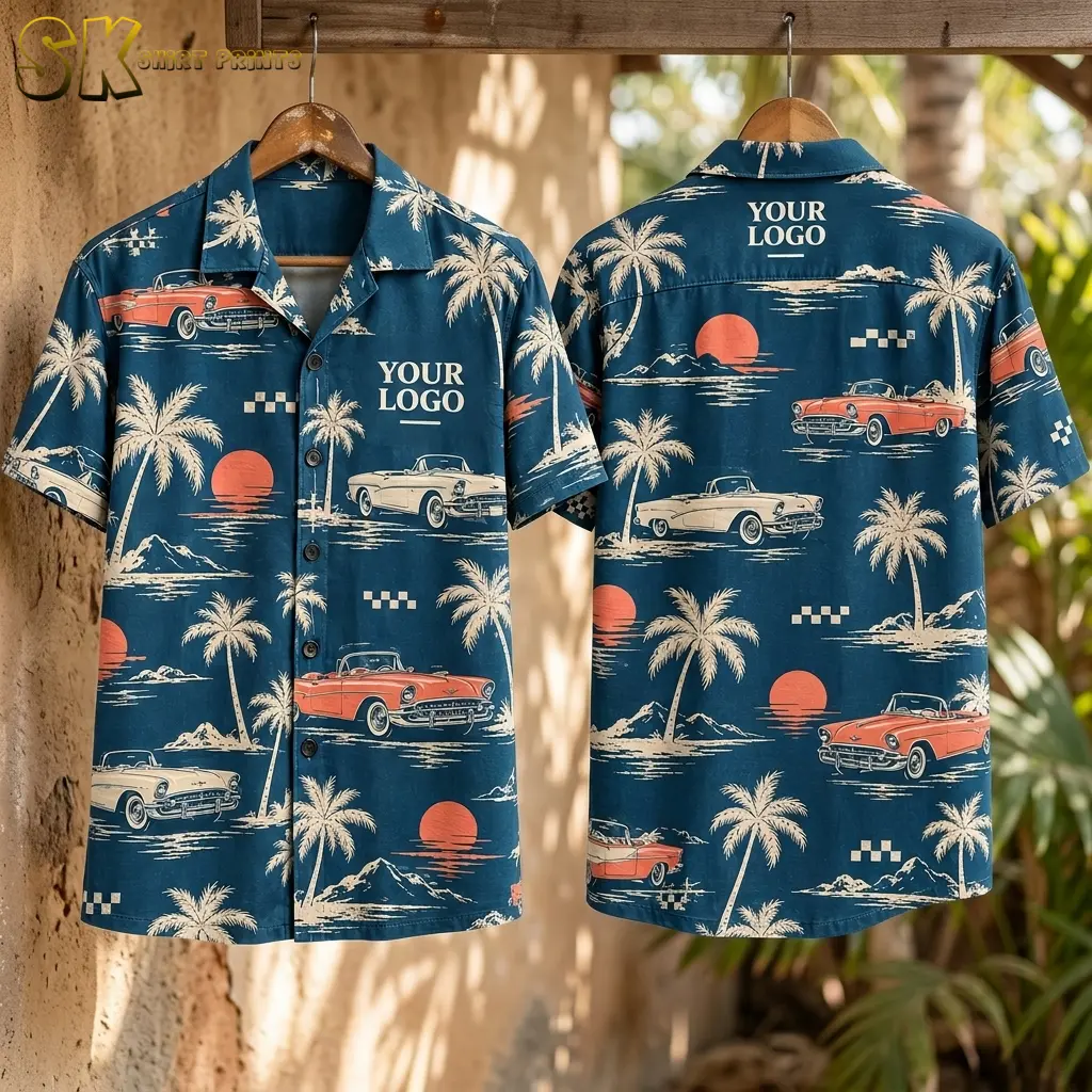 Front and back of the custom Hawaiian shirt with logo hanging on wooden hangers against a sunlit tree trunk, displaying the vintage car and palm tree all-over pattern on both sides.